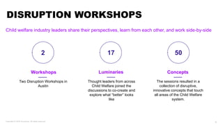 DISRUPTION WORKSHOPS
Child welfare industry leaders share their perspectives, learn from each other, and work side-by-side...