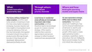 What:
Create innovations
powered by data
Through whom:
Re-evaluate
priority channels
Where and how:
Build agile operating
models and supply chains
The home will be a hotspot for
value creation, so CPGs need
to be actively innovating to meet
the new consumption occasions
emerging. Success requires real-
time insight on local patterns and
consumer behaviour that can
then be forensically interrogated.
Innovation should not just be in
products and offerings though,
but also in how these can be
developed, delivered and
deployed profitably at scale.
Local stores in residential
areas will play an increasingly
important role in their
communities, and they
therefore need to be prioritized
as part of a holistic channel
strategy. CPGs need to
redefine their customer
segmentation and service
strategy to reflect localized
needs and new value potential.
As new epicenters emerge,
CPGs need to follow their
consumers. That means
advanced modelling to map
out the physical redistribution
of demand, to identify and
prioritize the new areas of
growth. CPGs need to create
agile operating models –
processes, capabilities, teams
and culture, that can intelligently
flex to accommodate the shifts
and unlock new value pools.
20
 