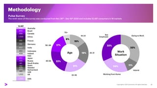 408
India
Indonesia
456
805
811
1,020
Switzerland
815
812
France
802
813
408
430
Australia
813
425
412
409 Sweden
404
1,010
412
1,022
Brazil
Canada
China
12,487
Germany
Ireland
Italy
Japan
Russia
Saudi Arabia
Spain
UAE
UK
USA
Pulse Survey
The ninth wave of this survey was conducted from Nov 26th - Dec 10th 2020 and includes 12,487 consumers in 19 markets
15%
19%
21%
22%
17%
6%
70+
25-31
18-24
32-39
40-55
56 -69
33%
11%
24%
32%
Going to Work
Not
Employed
Hybrid
Working from Home
Age Work
Situation
Methodology
21
 
