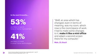 “Well, an area which has
changed, even in terms of
meaning, was my room, which
now is the room/space of work.
I had to make some changes
to it, make it like a mini office
and adapt a second screen
there for my computer.”
Male, 23, Brazil
In the next 6 months…
41%
are likely to invest
in smart home technologies
53%
are likely to spend
time on home improvement
Source: Accenture Wave 9 Consumer Pulse, conducted Nov 26th – Dec 10th
Accenture Consumer Video Diaries, Oct 12th – 23rd 5
 