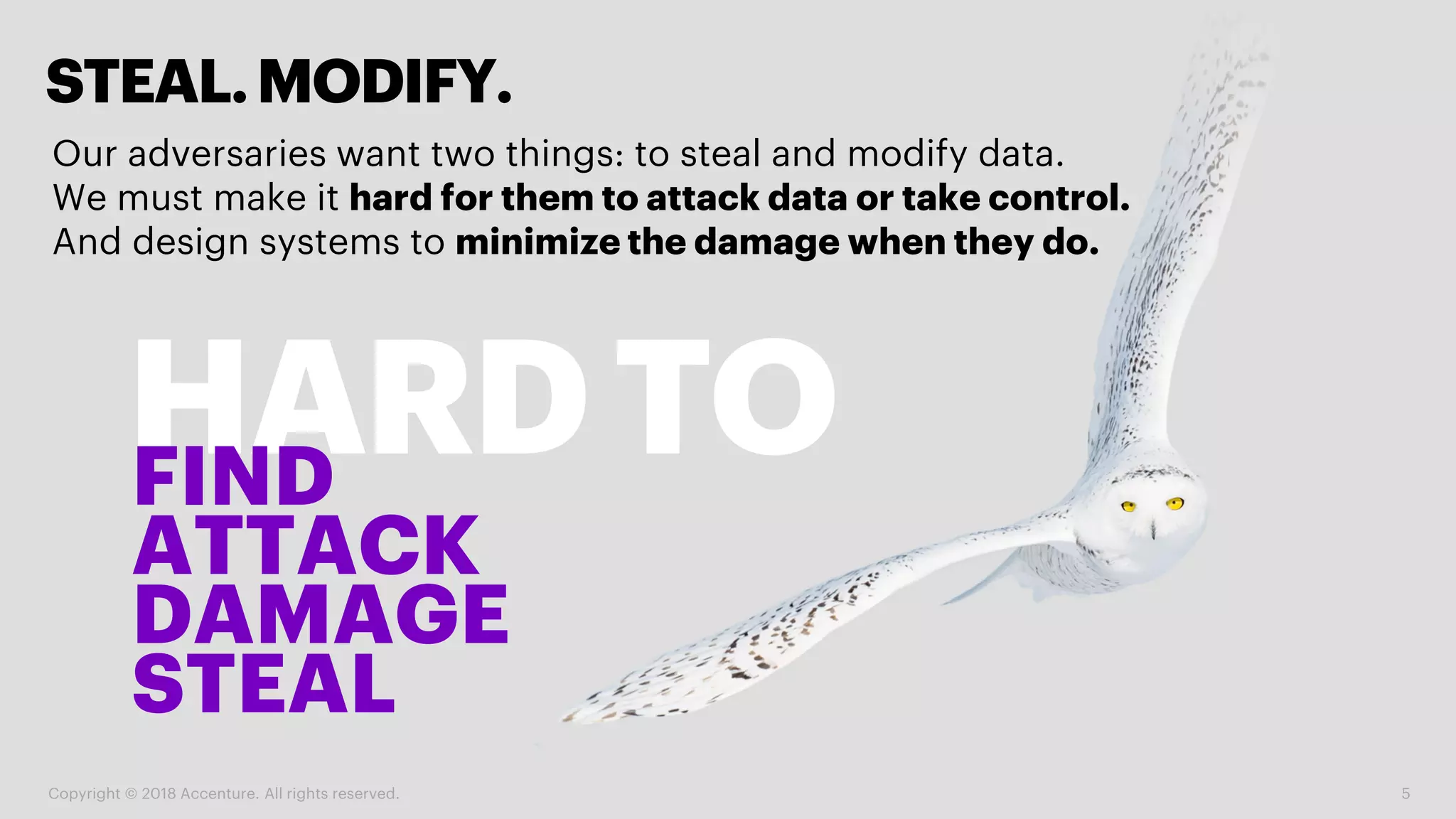 STEAL.MODIFY.
Our adversaries want two things: to steal and modify data.
We must make it hard for them to attack data or take control.
And design systems to minimize the damage when they do.
Copyright © 2018 Accenture. All rights reserved. 5
HARDTOFIND
ATTACK
DAMAGE
STEAL
 