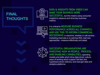 DATA & INSIGHTS FROM VIDEO CAN
MAKE YOUR BUSINESS MORE
SUCCESSFUL, but this means using consumer
insights to measure and drive key business
metrics
It is critical to MEASURE BUSINESS
PERFORMANCE ACROSS ALL CHANNELS,
AND USE THIS TO INFORM COMMERCIAL
DECISIONING in real-time, whether in call centres,
marketing channels or to optimise ROI, test new
approaches - measure effectively and adapt
SUCCESSFUL ORGANISATIONS ARE
INVESTING NOW IN PEOPLE, PROCESS,
AND ENABLING CAPABILITIES; operating
models and skills which drive data driven culture,
ways of working which support ‘fail fast’ and
hypothesis-driven delivery, and next-gen data and
analytics platforms
FINAL
THOUGHTS
 