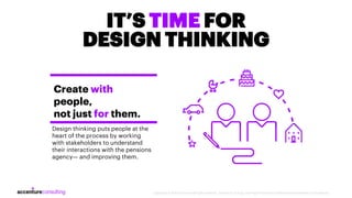 Design thinking puts people at the
heart of the process by working
with stakeholders to understand
their interactions with...