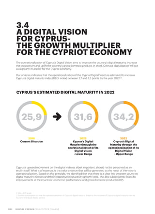 100 DIGITAL CYPRUS CATALYST FOR CHANGE
3.4
A DIGITAL VISION
FOR CYPRUS-
THE GROWTH MULTIPLIER
FOR THE CYPRIOT ECONOMY
The operationalization of Cyprus’s Digital Vision aims to improve the country’s digital maturity, increase
the productivity and uplift the country’s gross domestic product. In short, Cyprus’s digitalization will act
as a growth multiplier for the Cypriot economy.
Our analysis indicates that the operationalization of the Cypriot Digital Vision is estimated to increase
Cyprus’s digital maturity index (DEOI index) between 5,7 and 8,3 points by the year 20222,3
.
Cyprus’s upward movement on the digital indexes albeit important, should not be perceived as an
end in itself. What is of essence, is the value creation that will be generated as the result of the vision’s
operationalization. Based on this principle, we identified that that there is a clear link between countries’
digital maturity indexes and their respective productivity growth rates. This link subsequently leads to
improvements in the countries’ economic performance and gross domestic product (GDP).
2. On a 100 scale
3. Further information on how the operationalization of Cyprus’s digital vision is linked to the increase of Cyprus’s digital maturity can be
found in the Study Notes section
2018
Current Situation
2022
Cyprus’s Digital
Maturity through the
operationalization of its
Digital Vision
- Lower Range
2022
Cyprus’s Digital
Maturity through the
operationalization of its
Digital Vision
- Upper Range
25,9 31,6 34,2
CYPRUS’S ESTIMATED DIGITAL MATURITY IN 2022
 