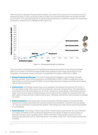 12 DIGITAL CYPRUS CATALYST FOR CHANGE
This is by itself an impressive fact that highlights the exponential growth of the computing power,
which in turn leads to astonishing leaps forward with regards to technology. Technology is now
integrated, omnipresent, cheap, and smart. It accelerates the world’s movement to digital.
>> Cheap Computing & Storage: The cost of advanced technologies is plummeting. Consider
just one example: a top-of-the-range drone cost $100,000 in 2007; in 2015 a model with similar
specifications could be bought for $500. As technology becomes cheaper, world demand is being
met at lower price points.
>> Connectivity: Technology is becoming more integrated. Connectivity has become the “king” in
this new digital world, where we are all connected with everyone and everything. The possibilities
are limitless: from fully automated cars, to “smart” homes and virtual offices. Connectivity points to
faster more dynamic ways of doing business and has become the catalyst for advancements that
will impact our lives at home, in leisure and at work. Ultimately, connectivity has the power to reshape
our world.
>> Online Interfaces: Technology is becoming omnipresent. Multiple digital touch points enable
customers to interact and share their opinions anytime and anywhere. Customers are now always
“on” and can constantly re-evaluate their options. Technology has made almost everything available
at our fingertips.
>> Smart Devices: Technology is becoming smarter. Sophisticated smart devices are now marketed
“en masse” and better known as personal assistants by the names of Alexa, Siri and Cortana. In
less than five years, basic queries such as “What is the time?” have quickly moved onto more
sophisticated requests such as “Does the person I just talked to like me?”. Technology has been the
multiplier.
After almost four decades of exponential increases, the world now consumes an immense amount of
processing power. In fact, according to Ray Kurzweil2
, the computational power has already reached
but a fraction of its ultimate potential. As per Kurzweil’s predictions, by 2040 the power of computing is
expected to exceed human intelligence (see Figure 1.4).
2. In 1999, Ray Kurzweil formulated a set of predictions about information technology by constructing a graph of the computational speed
growth over the next generations of information technology. Source: Kurzweil, R. The Age of Spiritual Machines. Penguin Books, New York,
1999
Figure 1.4.  The exponential growth of computing
 
