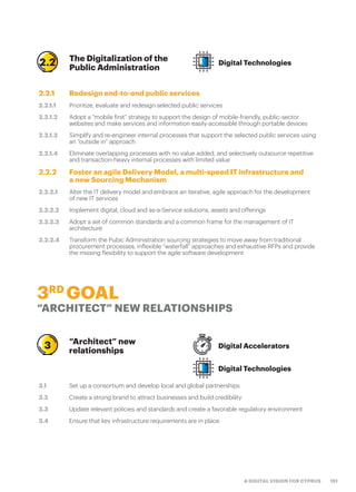 151A DIGITAL VISION FOR CYPRUS
The Digitalization of the
Public Administration
Digital Technologies
2.2.1 Redesign end-to-end public services
2.2.1.1 Prioritize, evaluate and redesign selected public services
2.2.1.2 Adopt a “mobile first” strategy to support the design of mobile-friendly, public-sector
websites and make services and information easily-accessible through portable devices
2.2.1.3 Simplify and re-engineer internal processes that support the selected public services using
an “outside in” approach
2.2.1.4 Eliminate overlapping processes with no value added, and selectively outsource repetitive
and transaction-heavy internal processes with limited value
2.2.2 Foster an agile Delivery Model, a multi-speed IT infrastructure and
a new Sourcing Mechanism
2.2.2.1 Alter the IT delivery model and embrace an iterative, agile approach for the development
of new IT services
2.2.2.2 Implement digital, cloud and as-a-Service solutions, assets and offerings
2.2.2.3 Adopt a set of common standards and a common frame for the management of IT
architecture
2.2.2.4 Transform the Pubic Administration sourcing strategies to move away from traditional
procurement processes, inflexible “waterfall” approaches and exhaustive RFPs and provide
the missing flexibility to support the agile software development
2.2
3RD
GOAL
“ARCHITECT” NEW RELATIONSHIPS
“Architect” new
relationships
Digital Accelerators
Digital Technologies
3.1 Set up a consortium and develop local and global partnerships
3.2 Create a strong brand to attract businesses and build credibility
3.3 Update relevant policies and standards and create a favorable regulatory environment
3.4 Ensure that key infrastructure requirements are in place
3
 
