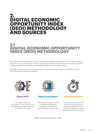 159APPENDIX
The DEOI index compliments the DEVI by providing a detailed assessment of the underlying digital
maturity of an economy and/or industry. It captures the extent to which countries and industries are
embracing digital technologies and capitalize on the economic opportunities.
The index consists of three mutually exclusive and equally weighted levers: Digital Skills, Digital
Technologies and Digital Accelerators.
2.
DIGITAL ECONOMIC
OPPORTUNITY INDEX
(DEOI) METHODOLOGY
AND SOURCES
2.1
DIGITAL ECONOMIC OPPORTUNITY
INDEX (DEOI) METHODOLOGY
Digital Skills
The digital nature of
occupations and the skills and
knowledge required for people
to perform their jobs
The productive assets related
to digital technologies
(hardware, software and
communications equipment)
The environmental, cultural
and behavioral aspects of
digital components of the
economy that support digital
entrepreneurship or activities
Digital Technologies Digital Accelerators
Digital Economic Opportunity Index - 3 levers
 