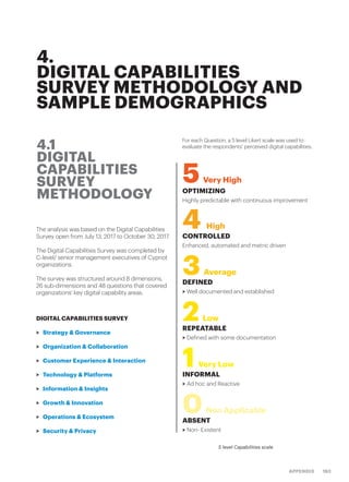 163APPENDIX
4.
DIGITAL CAPABILITIES
SURVEY METHODOLOGY AND
SAMPLE DEMOGRAPHICS
4.1
DIGITAL
CAPABILITIES
SURVEY
METHODOLOGY
5 level Capabilities scale
5Very High
4 High
3Average
2Low
1Very Low
0Non Applicable
OPTIMIZING
Highly predictable with continuous improvement
CONTROLLED
Enhanced, automated and metric driven
DEFINED
> Well documented and established
REPEATABLE
> Defined with some documentation
INFORMAL
> Ad hoc and Reactive
ABSENT
> Non- Existent
The analysis was based on the Digital Capabilities
Survey open from July 13, 2017 to October 30, 2017.
The Digital Capabilities Survey was completed by
C-level/ senior management executives of Cypriot
organizations.
The survey was structured around 8 dimensions,
26 sub-dimensions and 48 questions that covered
organizations’ key digital capability areas.
DIGITAL CAPABILITIES SURVEY
>> Strategy & Governance
>> Organization & Collaboration
>> Customer Experience & Interaction
>> Technology & Platforms
>> Information & Insights
>> Growth & Innovation
>> Operations & Ecosystem
>> Security & Privacy
For each Question, a 5 level Likert scale was used to
evaluate the respondents’ perceived digital capabilities.
 