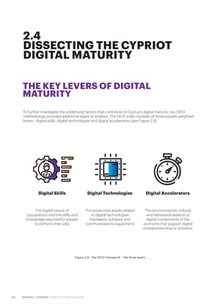 62 DIGITAL CYPRUS CATALYST FOR CHANGE
To further investigate the underlying factors that contribute to Cyprus’s digital maturity, our DEOI
methodology provides additional layers of analysis. The DEOI index consists of three equally weighted
levers - digital skills, digital technologies and digital accelerators (see Figure 2.9).
2.4
DISSECTING THE CYPRIOT
DIGITAL MATURITY
THE KEY LEVERS OF DIGITAL
MATURITY
Figure 2.9.  The DEOI Framework - The three levers
Digital Skills
The digital nature of
occupations and the skills and
knowledge required for people
to perform their jobs
The productive assets related
to digital technologies
(hardware, software and
communications equipment)
The environmental, cultural
and behavioral aspects of
digital components of the
economy that support digital
entrepreneurship or activities
Digital Technologies Digital Accelerators
 