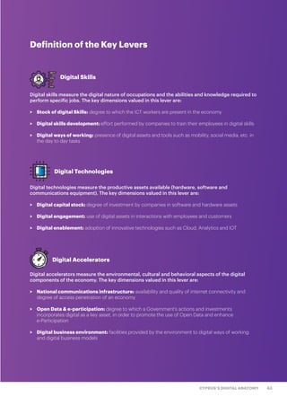 63CYPRUS’S DIGITAL ANATOMY
Definition of the Key Levers
Digital skills measure the digital nature of occupations and the abilities and knowledge required to
perform specific jobs. The key dimensions valued in this lever are:
>	 Stock of digital Skills: degree to which the ICT workers are present in the economy
>	 Digital skills development: effort performed by companies to train their employees in digital skills
>	 Digital ways of working: presence of digital assets and tools such as mobility, social media, etc. in
	 the day to day tasks
Digital technologies measure the productive assets available (hardware, software and
communications equipment). The key dimensions valued in this lever are:
>	 Digital capital stock: degree of investment by companies in software and hardware assets
>	 Digital engagement: use of digital assets in interactions with employees and customers
>	 Digital enablement: adoption of innovative technologies such as Cloud, Analytics and IOT
Digital accelerators measure the environmental, cultural and behavioral aspects of the digital
components of the economy. The key dimensions valued in this lever are:
>	 National communications infrastructure: availability and quality of internet connectivity and
	 degree of access penetration of an economy
>	 Open Data & e-participation: degree to which a Government’s actions and investments
	 incorporates digital as a key asset, in order to promote the use of Open Data and enhance
	 e-Participation
>	 Digital business environment: facilities provided by the environment to digital ways of working
	 and digital business models
Digital Skills
Digital Technologies
Digital Accelerators
 