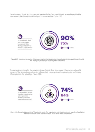 85CYPRUS’S DIGITAL ANATOMY
The adoption of digital technologies and specifically Big Data capabilities is an area highlighted for
improvement for the majority of the Cypriot companies (see Figure 2.37).
Figure 2.37.  Executives’ perception of the extent to which their organization has defined analytics capabilities and a solid
data strategy in place (on par or above global competition)
Q
To what extent does
your organization
have a solid data
strategy and defined
analytics capabilities?
90%
75%
Current Ambition
The same picture holds for the adoption of new, flexible IT services-based infrastructure, where 74
percent of the sampled executives aim to boost their investments with regards to their technology
infrastructure in the future (see Figure 2.38).
Figure 2.38.  Executives’ perception of the extent to which their organization prioritizes investments regarding the adoption
of flexible IT services-based infrastructure (on par or above global competition)
Q
To what extent do you
prioritize investments
with regards to
flexible IT-services
based infrastructure?
74%
64%
Current Ambition
 