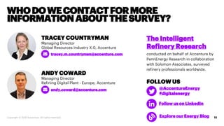 Copyright © 2018 Accenture. All rights reserved.
WHODOWECONTACTFORMORE
INFORMATIONABOUTTHESURVEY?
18
The Intelligent
Refin...