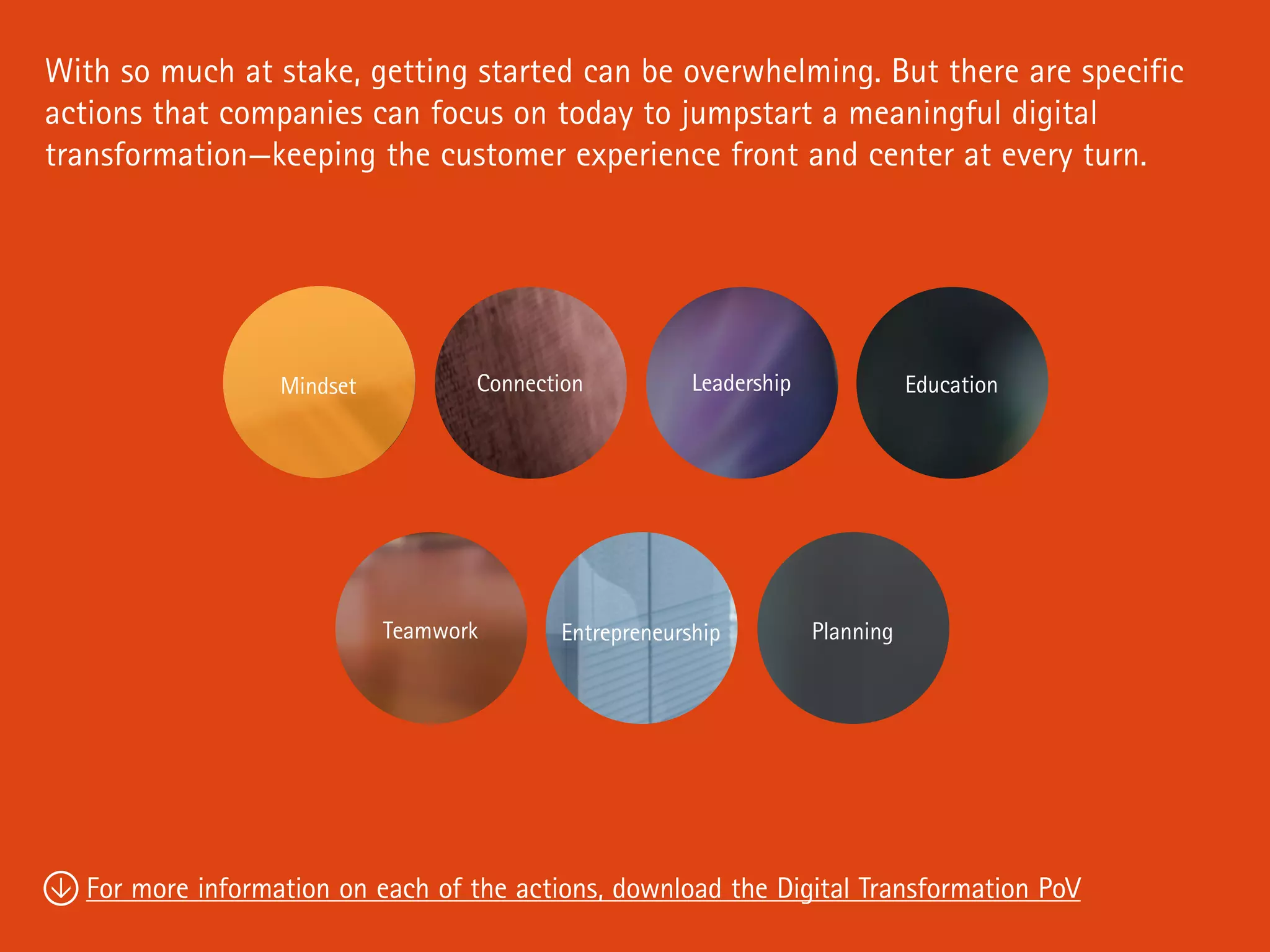 With so much at stake, getting started can be overwhelming. But there are specific
actions that companies can focus on today to jumpstart a meaningful digital
transformation—keeping the customer experience front and center at every turn.
For more information on each of the actions, download the Digital Transformation PoV
Mindset ConnectionMindset
Entrepreneurship Planning
Education
Teamwork
Leadership

 
