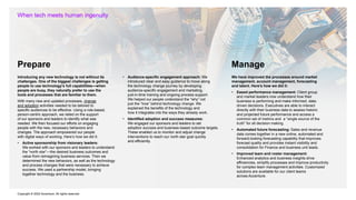 Copyright © 2022 Accenture. All rights reserved
Introducing any new technology is not without its
challenges. One of the biggest challenges is getting
people to use technology’s full capabilities—when
people are busy, they naturally prefer to use the
tools and processes that are familiar to them.
With many new and updated processes, change
and adoption activities needed to be tailored to
specific audiences to be effective. Using a role-based,
person-centric approach, we relied on the support
of our sponsors and leaders to identify what was
needed. We then focused our efforts on engaging
people with the new, necessary behaviors and
changes. The approach empowered our people
with digital ways of working. Here’s how we did it:
• Active sponsorship from visionary leaders:
We worked with our sponsors and leaders to understand
the “north star”—the desired business outcomes and
value from reimagining business services. Then we
determined the new behaviors, as well as the technology
and process changes that were necessary to achieve
success. We used a partnership model, bringing
together technology and the business.
• Audience-specific engagement approach: We
introduced clear and easy guidance to move along
the technology change journey by developing
audience-specific engagement and marketing,
just-in-time training and ongoing process support.
We helped our people understand the “why” not
just the “how” behind technology change. We
explained the benefits of the technology and
how it integrates into the ways they already work.
• Identified adoption and success measures:
We engaged our sponsors and leaders to set
adoption success and business-based outcome targets.
These enabled us to monitor and adjust change
interventions to reach our north star goal quickly
and efficiently.
When tech meets human ingenuity
Prepare Manage
We have improved the processes around market
management, account management, forecasting
and talent. Here’s how we did it:
• Eased performance management: Client group
and market leaders now understand how their
business is performing and make informed, data-
driven decisions. Executives are able to interact
directly with their business data to assess historic
and projected future performance and access a
common set of metrics and a “single source of the
truth” for all decision making.
• Automated future forecasting: Sales and revenue
data comes together in a new online, automated and
forward-looking forecasting capability that improves
forecast quality and provides instant visibility and
consolidation for Finance and business unit leads.
• Improved team and roster management:
Enhanced analytics and business insights drive
efficiencies, simplify processes and improve productivity
for complex team management activities. Customized
solutions are available for our client teams
across Accenture.
 