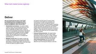 Copyright © 2022 Accenture. All rights reserved
We have tackled the final piece in the puzzle
by reimagining delivery management, client
financial management, automated billing and
contract management. Here’s how we did it:
• Standardized work delivery: Our solution makes
it easier to team, track and forecast resources’ work
effort and manage contract financials to improve
how we collaborate and deliver work. It carves up
the work into manageable components so that delivery
teams can create and manage cost plans, delegate
responsibilities and establish and track actionable
metrics. We can identify issues more quickly,
enabling them to be resolved in a consistent and
standardized way.
• Mitigated contract risk: We created a simple way
to track and manage contracts through shared data,
reporting and dashboards to mitigate risks and errors.
By providing a contract health score, we can help users
to follow the status of a specific contract
and identify next best actions to resolve issues.
Contributing to the health score calculation, our
next-generation contract management solution
also works in harmony with our forecasting, contracting,
risk planning processes. In particular, our sophisticated
contract risk review and approval tool, the Contract
Insights Platform (CIP)documents contract risks prior to
signature. These risks are then passed to our contract
management tool where they can be managed during
the delivery process.
• Enhanced billing production: We support billing
production requests for more than a half a million
client-facing invoices each year in a single, cohesive
flow across our various platforms. As a result, using
ServiceNow, Accenture has reduced the average
client invoicing production time from three days
to under 10 minutes, achieving significant cost
efficiencies and improving the company’s cash flow.
When tech meets human ingenuity
Deliver
 