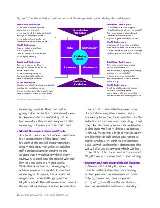 Traditional Techniques
Is the development sample
appropriately chosen?
Is the quality of the data sufficient
enough to develop a model?
Is the data being transferred
correctly between the systems?
ML/AI Techniques
Greater volume and less
structure to data.
Greater computational needs
for integrity testing.
Traditional Techniques
Do validation results support
fit/calibration quality of the model?
Are there appropriate/relevant
theories and assumptions
supporting the model in place?
ML/AI Techniques
Measures of fit or discrimination
may have different interpretations.
Greater emphasis on out-of-sample
performance and stability metrics.
Traditional Techniques
Are the processes efficient
enough to secure an effective
model execution?
Is the modeling process
documented with sufficient
developmental evidence?
ML/AI Techniques
Greater complexity and computational
overhead in model execution.
More complex algorithms and model
development process to document.
Traditional Techniques
Are there robust governance
policy frameworks for
development, ongoing monitoring
and use of the models?
Is there a set mechanism for
annual review and performance
monitoring?
ML/AI Techniques
It will be challenging to design
policies, knowledgeable
governance, of more complex
development, monitoring and use.
Quantitative
Validation
Qualitative
Validation
Validation
Areas
Data Methodology
Processes Governance
10 MODEL BEHAVIOR. NOTHING ARTIFICIAL.
Figure 2. The Model Validation Function and Challenges in ML/AI Modeling Methodologies
Source: Accenture, November 2017
modeling context. That means it is
going to be harder for model developers
to demonstrate the suitability of the
framework or theory with respect to the
modeling or business context at hand.
•	 Model Documentation and Code:
A critical component of model validation
is an assessment of the depth and
breadth of the model documentation.
Ideally, the documentation should be
self-contained and extensive to the
degree that it would allow third-party
reviewers to replicate the model without
having access to the model code.
While this standard is challenging to
achieve even in the world of standard
modeling techniques, it is an order of
magnitude more challenging in the
ML/AI context. This will make execution of
the model validation task harder and also
means that model validators are more
likely to have negative assessments.
For example, in the documentation for the
selection of a champion model (e.g., a set
of explanatory variables and an estimation
technique), we find multiple challenges
in the ML/AI context: high dimensionality,
proliferation of subjective settings (e.g.,
starting values, smoothing parameters,
etc.), as well as the other dimensions that
we will discuss below and which will be
more difficult to document in the case of
ML/AI than in the standard model setting.
•	 Outcomes Analysis and Model Testing:
In the context of ML/AI, banks may
have to re-think standard backtesting
techniques such as measures of model
fit (e.g., r-squared, mean squared
error, etc.), as well as other analytics
such as sensitivity analysis or stability
 