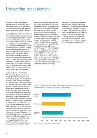 Uncovering latent demand

Searching for latent demand also           Successful companies understand the                 The means to discover latent demand
opens windows of opportunity: that is,     importance of innovation in reaching                need not reside in-house. BP Energy
uncovering sections of the population      untapped consumers: nearly two-thirds               India (now First Energy) bought patented
that have previously been excluded from    believe in the importance of new sales              technology from the Indian Institute
access to consumer products or services.   and marketing techniques to reach                   of Science (IISc) that uses fuel pellets
                                           underserved consumers (see Figure 22).              made from agri-waste to run smokeless
Successful companies build strategies to   Banco Bradesco, operator of Brazil’s                stoves: it has now successfully sold
meet the needs of potential consumers      largest retail banking network, found an            its “Oorja” stoves to nearly a quarter
underserved by traditional products and    innovative solution to meet the banking             of a million homeowners and hopes
business models. Providing innovative      needs of rural consumers. In 2009,                  to bring this energy-efficient solution
solutions for unmet needs, such as those   pursuing a goal of “banking inclusion”              to 3.6 billion potential customers.60
in rural areas, can spur new demand        in a country with more than 50 million
and uncover powerful engines for wider     “unbanked” consumers, Bradesco
economic growth. In India, for example,    opened the country’s first floating bank
rural incomes have been growing at         branch on the Amazon River network.
more than 7 percent annually over the      Targeting 250,000 people along the
past few years. The income growth          banks of the river, who are used to
accounts for almost 40 percent of          traveling more than twelve hours to
India’s total consumption of goods and     collect salaries, pensions and their Bolsa
services.56 More than 50 percent of new    Família grant, the floating branch has
subscribers for some leading telecoms      uncovered pockets of demand previously
providers are rural customers, and the     unserved by traditional banking.59
share of rural subscribers in the Indian
market has hit 34 percent, up from less
than 5 percent just five years ago.57

In Peru, soft-drinks manufacturer
AJE took on multinational players by
targeting its Kola Real soda at lower
income brackets. AJE has replicated its
success in other emerging economies.
The manufacturer’s success is grounded
in a business model that targets latent    Figure 22: Importance for growth: New sales channels to reach previously
demand. First, the low-cost business       excluded customer groups (percentage of respondents)
model allows the company to offer its
products at lower prices. That makes
its drinks affordable to the majority of
the population. Second, an innovative      Successful                                                    63%
distribution system, involving micro-      globalizers
entrepreneurs using their own transport,
allows it to reach untapped consumers
in remote areas. In 2006, AJE set up
in Asia. It now boasts annual sales of     Global average                                     50%
US$1.5 billion across 16 countries. Our
household income analysis shows that
significant growth in household income
is expected in many of the countries in    Disappointed
                                                                                             47%
which Kola Real operates, such as India,   globalizers
Indonesia and Brazil. India alone is on
course to gain 21 million households
earning up to US$30,000 per year                            0%   10%     20%     30%     40%       50%    60%   70%    80%    90%   100%
by 2020, equivalent to additional
                                           Source: Accenture Fast Forward to Growth survey
household income of US$1.1 trillion.58




47
 
