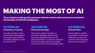 ACTION 01:
Emphasize Training
Provide access to more
continuous and targeted
training to give workers
the skills needed to make
the most of AI
MAKING THE MOST OF AI
19Copyright © 2020 Accenture. All rights reserved.
Three actions would greatly empower federal workers and executives to maximize
the benefits of artificial intelligence
ACTION 02:
Prioritize Strategy
Work with program leaders to
prioritize strategic mission and
business objectives that can be
advanced with AI, and don’t overlook
frontline workers as they are often
the source of the most valuable ideas
ACTION 03:
Rethink Data
Ensure data is readily
accessible, trusted and
relevant to power the
mission while exploring
new ways to augment
 
