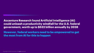2Copyright © 2020 Accenture. All rights reserved.
Accenture Research found Artificial Intelligence (AI)
could unleash a productivity windfall for the U.S. federal
government, worth up to $532 billion annually by 2028
However, federal workers need to be empowered to get
the most from AI for this to happen
 