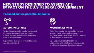 AUTOMATABLE TASKS
Tasks that potentially can be performed
by machines (algorithms, programs,
robots, etc.) with minimal intervention
from human workers
E.g., Simple manual or routine tasks that
can be automated
NEW STUDY DESIGNED TO ASSESS AI’S
IMPACT ON THE U.S. FEDERAL GOVERNMENT
6Copyright © 2020 Accenture. All rights reserved.
Focused on two potential impacts:
AUGMENTABLE TASKS
Tasks that can be performed by human
workers more effectively through
upgraded core capabilities and/or the way
in which work is processed
E.g., Cognitive tasks that can be
augmented with intelligent technologies
to inform or improve decision-making
 