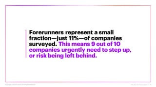The Rise of Forerunners | 11
Forerunners represent a small
fraction—just 11%—of companies
surveyed. This means 9 out of 10
companies urgently need to step up,
or risk being left behind.
Copyright ©2021 Accenture. All RightsReserved.
 