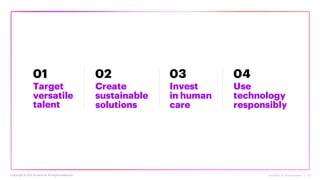 The Rise of Forerunners | 13
01
Target
versatile
talent
02
Create
sustainable
solutions
03
Invest
in human
care
04
Use
technology
responsibly
Copyright ©2021 Accenture. All RightsReserved.
 