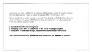 Accenture surveyed 1,500 senior executives in 10 industries across 12 countries to see
how (or if) companies intend to adapt to societal shifts in the medium term.
Almost two-thirds of senior executives expect these lifestyle shifts to become the new
norm in the next five years. Yet 60% admit their companies are not yet preparing to
meet the evolving societal needs.
Our study identified a small group—
162 companies—that is well ahead of the curve in recognizing the
imperative to embrace change. Wecall these companies Forerunners.
The Rise of Forerunners | 03
There is awide gap between recognition of the opportunity and readiness to tap into it.
Copyright ©2021 Accenture. All RightsReserved.
 