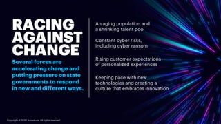 Copyright © 2020 Accenture. All rights reserved. 3
RACING
AGAINST
CHANGE
Several forces are
accelerating change and
puttin...