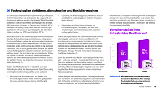 01 Technologien einführen, die schneller und flexibler machen
Die führenden Unternehmen modernisieren grundlegend
ihre IT-Infrastruktur: Sie entkoppeln die Legacy-IT, um
flexibler und agiler zu werden. Das Resultat? Mehr Flexibilität
und eine IT, die sich schneller und häufiger neu erfindet.
88 Prozent der Vorreiter in Deutschland (global: 83 %)
halten es für wichtig, ihre Daten von der historisch ge-
wachsenen Infrastruktur zu entkoppeln. Bei den Nach-
­züglern sind es nur 27 Prozent (global: 37 %).
Besonders groß ist der Unterschied bei den Prozessthemen
DevOps, Automatisierung und Continuous Integration/
Continuous Delivery. Jedes der am besten abschneidenden
Unternehmen setzt diese Methoden ein, von den zurück­
liegenden ist es nicht einmal ein Drittel. Eine wichtige
Erkenntnis, sind es doch gerade diese Ansätze, mit denen
sich die Abhängigkeiten zwischen Systemen und Prozessen
auflösen lassen. Sie sind damit ein entscheidender Treiber
für Agilität. So erklärt sich auch, dass Unternehmen
weltweit die fehlende Flexibilität ihrer Architektur als eine
der größten Hürden für skalierbare Innovation betrachten
(siehe Abbildung 11).
Neben den Methoden sind es natürlich auch die
Technologien selbst, die das sogenannte Digital Decoupling
erst möglich machen. Dazu zählen unter anderem:
•	 Microservice-Architekturen, mit denen sich
Anwendungen in eine Reihe einfacher, gekapselter
Services aufteilen lassen (siehe Abbildung 6).
•	 Container, die Anwendungen so paketieren, dass sie
anschließend unabhängig von anderen Prozessen
laufen können.
•	 Kubernetes, ein Open-Source-System zur
Orchestrierung von Containern, mit dem sich
Anwendungen automatisiert ausrollen, skalieren
und verwalten lassen.
Selbst die Digital Natives der Unternehmenswelt sind mit
der Aufgabe konfrontiert, ihre monolithischen IT-
Architekturen zu modernisieren. Vor über zehn Jahren
machte sich beispielsweise ein kleines disruptives Unter­
nehmen daran, die Reisebranche auf den Kopf zu stellen.
Schnell auf den Markt kommen: Das war damals das
Wichtigste. Weniger Priorität hatte da eine langfristig
tragfähige, skalierbare IT.
Doch das änderte sich: Mit der rasant steigenden Kunden­
zahl – und zwar weltweit – musste das Unternehmen seine
Plattform skalieren. Das Decoupling begann – und damit
der Umstieg auf Microservices. Heute kann das Unternehmen
schnell auf Marktveränderungen reagieren und trotz einer
regelrechten Nutzungsexplosion immer wieder neue
Features ergänzen.
Dieses Beispiel steht stellvertretend für eine ganze Reihe
von Vorreitern, die alle ähnlich agieren: Sie entscheiden
sich für flexible, einheitliche und skalierbare Architekturen,
die es ermöglichen, auf schnell wechselnde Markt­
erfordernisse zu reagieren. Nachzüglern fällt es hingegen
schwer, ihre starren IT-Landschaften zu ersetzen. Das
macht es un­­möglich, den Mehrwert einer Innovation in
vollem Umfang auszuschöpfen, und macht sie anfällig
für systemweite Ausfälle.
0
20
40
60
80
100
DEUTSCHLAND GLOBAL
VOR
REITER
88%
VOR
REITER
97%
NACH
ZÜGLER
26%
NACH
ZÜGLER
27%
NutzungvonMicroservices
Abbildung 6: 	Microservices sind bei Vorreitern 		
	 inzwischen Standard. Nur wenige 		
	 Nachzügler haben entsprechende 		
	 Architekturen aufgebaut.
Vorreiter stellen ihre
Infrastruktur flexibler auf
19Future Systems
 
