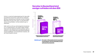 Sicher ist, was die Studienergebnisse für das große
Hauptfeld der deutschen Unternehmen bedeuten.
Mit einer Ver­änderung im Mindset und den richtigen
Methoden sind sie in der Lage, zur internationalen
Spitze aufzuschließen. Und sie vielleicht gar zu
überholen.
Dafür reicht es nicht aus, technologische Inno­vationen
nur zu implementieren. Sie müssen skaliert werden.
Statt auf ein klar definiertes Ziel hinzuarbeiten, geht es
vielmehr um den Aufbau jener grenzüberschreitenden,
anpassungsfähigen und menschlichen Systeme, die
wir Future Systems nennen. 0
20
40
60
80
100
„UNSERETECHNOLOGIE-INVESTITIONEN
HABENMEHRWERTGESCHAFFEN.“
„WIRSINDMITDEMROIDIESER
INVESTITIONENZUFRIEDEN.“
GLOBALE
VORREITER
64%
GLOBALE
VORREITER
57%
DEUTSCHE
VORREITER
29%
DEUTSCHE
VORREITER
55%
AnteilderZustimmenden
Abbildung 12: 	Vorreiter in Deutschland sind wesentlich 		
	 unzufriedener mit ihren Renditen als der 		
	 weltweite Durchschnitt.
Vorreiter in Deutschland sind
weniger zufrieden mit dem ROI
27Future Systems
 