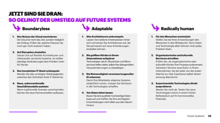 1.	Den Nutzen der Cloud maximieren
Die Cloud ist nicht das Ziel, sondern lediglich
der Anfang. Prüfen Sie, welche Chancen Sie
noch gar nicht evaluiert haben.
2.	Auf Disruption einstellen
Setzen Sie auf flexible Architekturen und
miteinander vernetzte Systeme. So stellen
ständige Veränderungen kein Problem mehr
für Sie dar.
3.	Den kompletten IT-Stack entkoppeln
Werden Sie alle unnötigen Abhängigkeiten
zwischen den Schichten Ihres IT-Stacks los.
4.	Neue, unkonventionelle
Geschäftsmodelle ausloten
Wenn traditionelle Grenzen verschwinden,
können Sie neue Partnerschaften aufbauen.
1.	Alte Architekturen umkrempeln
Lassen Sie tradierte Arbeitsweisen hinter
sich und setzen Sie Architekturen auf, die
Sie permanent auf neue Anforderungen
einstellen können.
2.	Die größten Hürden in Ihrem
Unternehmen aufspüren
Technologien wie KI, Blockchain und Micro­
serviceshelfendabei,selbstIhredrängendsten
Herausforderungen zu bewältigen.
3.	Die Notwendigkeit verantwortungsvoller
KI erkennen
Damit Ihre Mitarbeiter adaptive Systeme
tatsächlich nutzen, müssen Sie Vertrauen
in die Technologien schaffen.
4.	Von Daten leiten lassen
BauenSieeinequalitativhochwertigeDaten­
basis auf und treffen Sie Ihre wichtigsten
Ent­scheidungen nicht allein aus dem Bauch
heraus.
1.	Für den Menschen entwickeln
Stellen Sie bei Ihren Entwicklungen den
Menschen in den Mittelpunkt. Denn Daten
und Technologie allein können nicht jedes
Problem lösen.
2.	Organisatorische und kulturelle
Barrieren einreißen
Prüfen Sie, ob organisatorische oder
kulturelle Hürden Ihre Prozesse ausbremsen.
Verankern Sie eine neue Kultur in Ihrem
Unternehmen, bei der jeder von der ersten
Idee bis zur User Experience selbst Verant­
wortung übernimmt.
3.	Experimentelle Technologien direkt
ausprobieren
Warten Sie nicht ab. Testen Sie neue
Technologien schon in einem frühen
Reifestadium auf ihr kommerzielles
Potenzial.
JETZTSINDSIEDRAN:
SOGELINGTDERUMSTIEGAUFFUTURESYSTEMS
Boundaryless Adaptable Radically human
28Future Systems
 