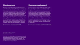 ­
Über Accenture
Accenture ist ein weltweit führendes Dienstleistungs-
unternehmen, das ein breites Portfolio von Services und
Lösungen in den Bereichen Strategie, Consulting, Digital,
Technologie und Operations anbietet. Mit umfassender
Erfahrung und spezialisierten Fähigkeiten über mehr als
40 Branchen und alle Unternehmensfunktionen hinweg –
gestützt auf das weltweit größte Delivery-Netzwerk –
arbeitet Accenture an der Schnittstelle von Business und
Technologie, um Kunden dabei zu unterstützen, ihre
Leistungsfähigkeit zu verbessern und nachhaltigen Wert
für ihre Stakeholder zu schaffen. Mit rund 500.000
Mitarbeitern, die für Kunden in über 120 Ländern tätig
sind, treibt Accenture Innovationen voran, um die Art
und Weise, wie die Welt lebt und arbeitet, zu verbessern.
Besuchen Sie uns unter www.accenture.de
Über Accenture Research
Accenture Research untersucht Trends und gibt auf der
Basis klarer Daten aufschlussreiche Einblicke in die
dringlichsten Themen global agierender Unternehmen.
Unser Team von 300 Forschern und Analysten aus 20
Ländern kombiniert die Leistungsfähigkeit innovativer
Forschungsmethoden mit umfassendem Branchenwissen
und veröffentlicht jedes Jahr Hunderte von Berichten,
Artikeln und Whitepaper. Unsere impulsorientierte
Forschung – unterstützt durch firmeneigene Daten und
Partnerschaften mit führenden Organisationen wie dem
MIT und Harvard – gibt unseren Innovationen die
Richtung vor und versetzt uns in die Lage, Theorien
und neue Ideen in reale Lösungen für unsere Kunden
zu verwandeln.
Besuchen Sie uns unter www.accenture.com/research
Copyright © 2019 Accenture.
Alle Rechte vorbehalten.
Accenture und das dazugehörige Logo sind Marken oder
eingetragene Marken der Accenture Plc in Deutschland
und verschiedenen anderen Ländern weltweit. Alle
anderen Namen von Produkten und Dienstleistungen
sind Marken der jeweiligen Firmen.
 