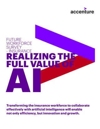 FUTURE
WORKFORCE
SURVEY
- INSURANCE
REALIZING THE
FULL VALUE OF
Transforming the insurance workforce to collaborate
effectively with artificial intelligence will enable
not only efficiency, but innovation and growth.
AI
 