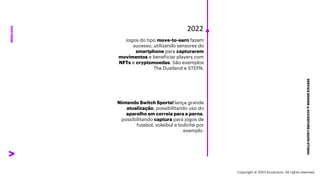 ***Confidential***
SERVICE
DESIGN
@
ACCENTURE
LIQUID
STUDIO
MERCADO
Jogos do tipo move-to-earn fazem
sucesso, utilizando sensores do
smartphone para capturarem
movimentos e beneficiar players com
NFTs e cryptomoedas. São exemplos
The Dustland e STEPN.
Nintendo Switch Sports! lança grande
atualização, possibilitando uso do
aparelho em correia para a perna,
possibilitando captura para jogos de
futebol, voleibol e boliche por
exemplo.
2022
Copyright © 2023 Accenture. All rights reserved.
 