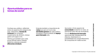 ***Confidential***
Oportunidades para os
temas de social
SERVICE
DESIGN
@
ACCENTURE
LIQUID
STUDIO
INSIGHTS
Entenda também a importância da
rotina que gira em torno das
atividades gamers de cada público
e busque a oportunidade de espaço
para interação nela.
Aproveite o forte aspecto de
comunidade existente no meio, se
atentando para não ser excludente.
Outras dinâmicas de interação
oportunas são campeonatos de
eSports, livestreams e a
possibilidade de compartilhamento
de conquistas em redes sociais.
Conheça seu público, refletindo
sobre os aspectos de categoria de
jogo, dispositivo, formas de
consumo de conteúdo,
investimento de dinheiro, tempo
gasto com jogos e etc.
Atente que também para cada
grupo filtrado dentro desses
aspectos, pessoas possuem
diferentes mindsets.
Copyright © 2023 Accenture. All rights reserved.
 
