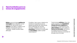 ***Confidential***
Oportunidades para os
temas de engajamento
SERVICE
DESIGN
@
ACCENTURE
LIQUID
STUDIO
INSIGHTS
O público, bem como o objetivo da
iniciativa e experiência que se
deseja ser gerada são importantes
para a definição de uma boa
narrativa. Artefatos como o de
arquétipos, famosos na construção
de storytelling, podem auxiliar
nesse aspecto.
Tendo tantos artifícios a favor de
quem constrói uma experiência
desejavelmente engajadora e
envolvente, é importante ter um
olhar holístico de como todos os
fatores se intercalam, de forma a
ter etapas que se contrastem,
permitindo respiros e surpresas na
jornada como um todo.
Defina quais principais gatilhos de
motivação vão se destacar na sua
experiência, de acordo com o
objetivo core dela e o público a ser
atingido. Frameworks como o
“Octalysis” podem auxiliar nessa
definição.
Copyright © 2023 Accenture. All rights reserved.
 