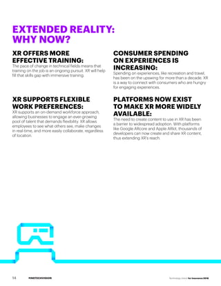 #INSTECHVISION Technology Vision for Insurance 2018
XR OFFERS MORE
EFFECTIVE TRAINING:
The pace of change in technical fields means that
training on the job is an ongoing pursuit. XR will help
fill that skills gap with immersive training.
XR SUPPORTS FLEXIBLE
WORK PREFERENCES:
XR supports an on-demand workforce approach,
allowing businesses to engage an ever-growing
pool of talent that demands flexibility. XR allows
employees to see what others see, make changes
in real-time, and more easily collaborate, regardless
of location.
CONSUMER SPENDING
ON EXPERIENCES IS
INCREASING:
Spending on experiences, like recreation and travel,
has been on the upswing for more than a decade. XR
is a way to connect with consumers who are hungry
for engaging experiences.
PLATFORMS NOW EXIST
TO MAKE XR MORE WIDELY
AVAILABLE:
The need to create content to use in XR has been
a barrier to widespread adoption. With platforms
like Google ARcore and Apple ARkit, thousands of
developers can now create and share XR content,
thus extending XR’s reach.
EXTENDED REALITY:
WHY NOW?
14
 