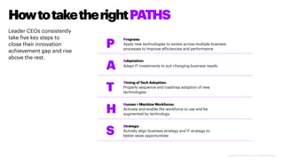 Copyright © 2020 Accenture. All rights reserved.
HowtotaketherightPATHS
Leader CEOs consistently
take five key steps to
close their innovation
achievement gap and rise
above the rest.
P
A
T
H
S
Progress:
Apply new technologies to evolve across multiple business
processes to improve efficiencies and performance
Adaptation:
Adapt IT investments to suit changing business needs
Timing of Tech Adoption:
Properly sequence and roadmap adoption of new
technologies
Human + Machine Workforce:
Activate and enable the workforce to use and be
augmented by technology
Strategy:
Actively align business strategy and IT strategy to
better seize opportunities
 