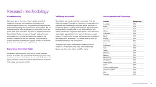 Accenture Life Trends 2025
Crowdsourcing
Each year, we ask Accenture Song’s global network of
designers, creatives, technologists, sociologists, and
anthropologists to watch out for potentially influential signals
and trends impacting their communities and countries. We run
trends workshops throughout March in 50 studios around the
world, then teams pitch their top ideas to the editorial team in
March-April. We also interviewed thought leaders, futurists
and academics to uncover any additional signals on the
horizon. In addition to this, we analyzed YouGov’s Global
Profiles database to identify the biggest changes in consumer
behaviors and attitudes across 48 markets.
Experience Innovation Radar
We worked with Accenture Song R&D in Sophia Antipolis,
France, to broaden our perspective of emerging signals using
the Experience Innovation Radar, a proprietary high-frequency
signal research process focused on the intersection of human,
technology and business trends.
Validating our trends
We validated our trends externally in two steps. First, we
video-interviewed 57 people in 8 countries to understand how
the trends are manifesting in their own words. Secondly, in
partnership with our colleagues at Fiftyfive5, we ran an online
survey across 22 markets with 24,295 respondents in July
2024 to validate the magnitude of the trends. Once the trends
were refined, we put them to the test with Accenture’s own
experts. Throughout the process, we have worked closely with
our colleagues in Accenture’s Tech Vision team to build on
each other’s findings and perspectives.
Throughout this report, all statistics are taken from our
Accenture Life Trends survey unless otherwise stated.
Quotes may have been lightly edited for clarity.
Survey sample size by country
Country Sample size
Australia 1018
Brazil 1018
Canada 1010
China 2023
Colombia 1016
Egypt 1023
France 1024
Germany 1014
India 1009
Indonesia 1005
Italy 1009
Japan 1026
Malaysia 1003
Mexico 1017
Philippines 1001
Singapore 1007
South Africa 1002
Spain 1019
United Arab Emirates 1008
United Kingdom 1000
USA 2016
Vietnam 1027
Research methodology
89
 