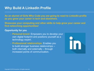 Copyright © 2015 Accenture All rights reserved. 3
As an alumni of Girls Who Code you are going to need to LinkedIn profile...
