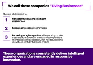 Wecallthesecompanies“LivingBusinesses”
They are all dedicated to:
Theseorganizationsconsistentlydeliverintelligent
experie...