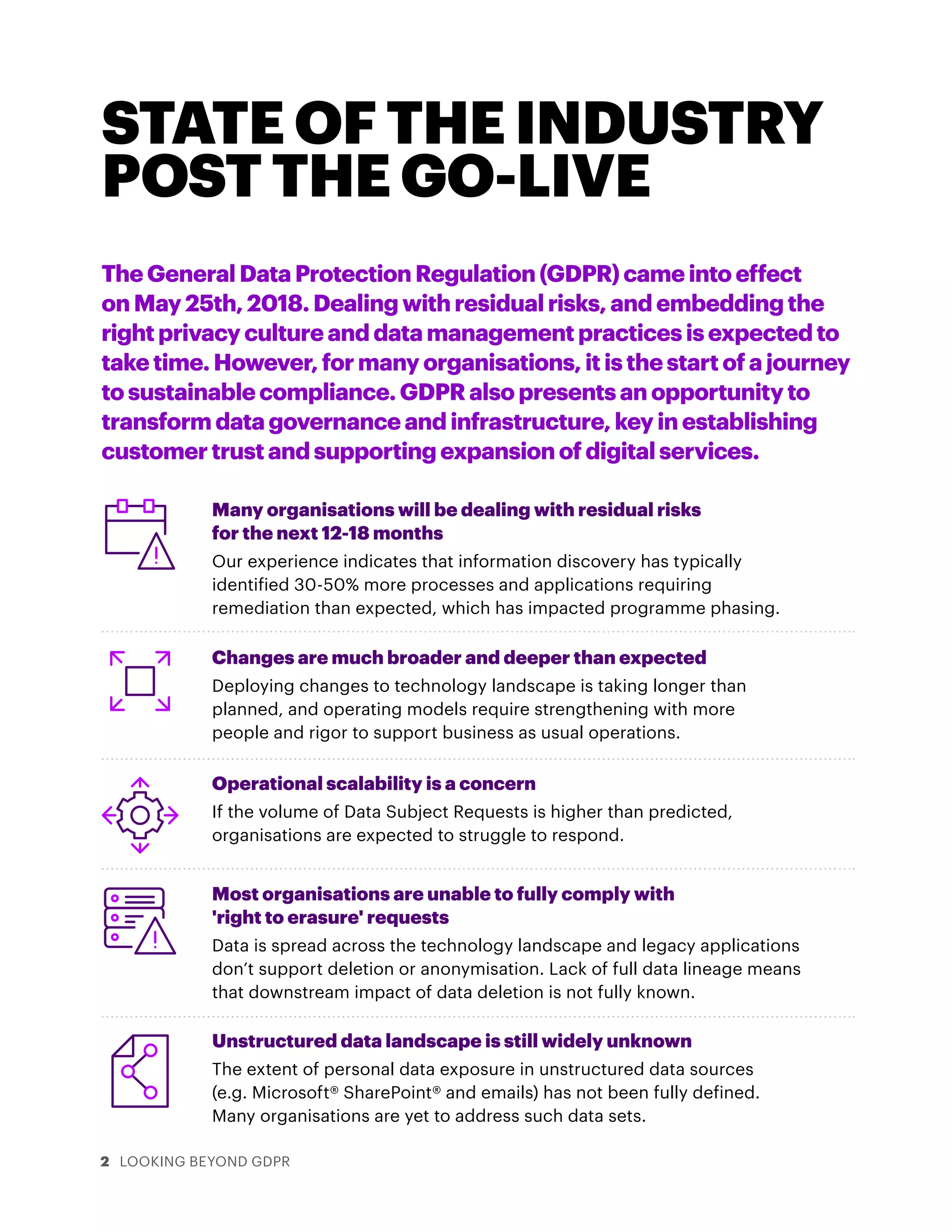2 LOOKING BEYOND GDPR
Many organisations will be dealing with residual risks
for the next 12-18 months
Our experience indicates that information discovery has typically
identified 30-50% more processes and applications requiring
remediation than expected, which has impacted programme phasing.
Changes are much broader and deeper than expected
Deploying changes to technology landscape is taking longer than
planned, and operating models require strengthening with more
people and rigor to support business as usual operations.
Operational scalability is a concern
If the volume of Data Subject Requests is higher than predicted,
organisations are expected to struggle to respond.
Most organisations are unable to fully comply with
'right to erasure' requests
Data is spread across the technology landscape and legacy applications
don’t support deletion or anonymisation. Lack of full data lineage means
that downstream impact of data deletion is not fully known.
Unstructured data landscape is still widely unknown
The extent of personal data exposure in unstructured data sources
(e.g. Microsoft® SharePoint® and emails) has not been fully defined.
Many organisations are yet to address such data sets.
STATE OF THE INDUSTRY
POST THE GO-LIVE
TheGeneralDataProtectionRegulation(GDPR)cameintoeffect
onMay25th,2018.Dealingwithresidualrisks,andembeddingthe
rightprivacycultureanddatamanagementpracticesisexpectedto
taketime.However,formanyorganisations,itisthestartofajourney
tosustainablecompliance.GDPRalsopresentsanopportunityto
transformdatagovernanceandinfrastructure,keyinestablishing
customertrustandsupportingexpansionofdigitalservices.
 