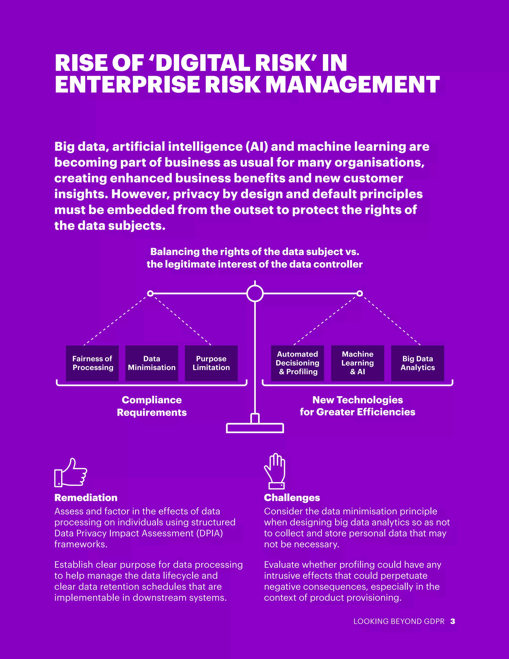 LOOKING BEYOND GDPR 3
Remediation
Assess and factor in the effects of data
processing on individuals using structured
Data Privacy Impact Assessment (DPIA)
frameworks.
Establish clear purpose for data processing
to help manage the data lifecycle and
clear data retention schedules that are
implementable in downstream systems.
Challenges
Consider the data minimisation principle
when designing big data analytics so as not
to collect and store personal data that may
not be necessary.
Evaluate whether profiling could have any
intrusive effects that could perpetuate
negative consequences, especially in the
context of product provisioning.
RISE OF ‘DIGITAL RISK’ IN
ENTERPRISE RISK MANAGEMENT
Big data, artificial intelligence (AI) and machine learning are
becoming part of business as usual for many organisations,
creating enhanced business benefits and new customer
insights. However, privacy by design and default principles
must be embedded from the outset to protect the rights of
the data subjects.
Balancing the rights of the data subject vs.
the legitimate interest of the data controller
Fairness of
Processing
Data
Minimisation
Compliance
Requirements
New Technologies
for Greater Efficiencies
Purpose
Limitation
Automated
Decisioning
& Profiling
Machine
Learning
& AI
Big Data
Analytics
 