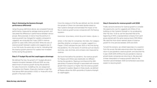 Make the leap, take the lead 35
Step 2: Estimating the Systems Strength
performance differential
Using the group definitions above, we compared financial
performance, measured by average revenue growth, and
calculated the difference in performance between various
groups. More precisely, to look at how the premium in
revenue growth has changed for Leaders compared to
Laggards, we computed the 3-year CAGR in revenue
growth for years 2018, 2019, and 2020. While the ratio of
revenue growth between Leaders and Laggards was 2x
in our first study, the same ratio is now 5x, indicating that
the revenue growth premium for Leaders has increased
further during the pandemic.
Step 3: IT budget flip and the Leapfroggers advantage
We defined Flip Size, the growth of IT budget allocation
towards innovation between 2019 and 2020, as a key
determinant of revenue growth during the pandemic.
For sake of economic modelling only, we categorized
companies into Flippers, those who maintain a high Flip
Size (above 90th percentile) in 2020; or, those who show
growth in Flip Size in 2020.
Once the measure of the flip was defined, we then divided
the sample of Others into estimated deciles based on
their Systems Strength and estimated the impact of the
flip on revenue growth across companies with the flowing
equation:
where i is the index for companies, the index j for Category
identifies whether a company is a Leader, Laggard or a
Flipper; COVID indicates the year 2020 or the time during
the pandemic; Xk is the vector of controls such as industry
dummies, year dummies, and company size measured by
revenue.
We found that before the pandemic, the revenue growth
for Flippers and Others was statistically not different.
During the pandemic, flipping at and beyond the 30th
percentile of Systems Strength is associated with revenue
growth that is equal to or higher than the revenue growth
compared to Leaders. Based on these results, we defined
all flippers above the 30th percentile of Systems Strength
as Leapfroggers.
Step 4: Scenarios for revenue growth until 2026
Finally, we built scenarios for revenue growth to consider
the opportunity cost for Laggards and Others of not
building on their Systems Strength or not accelerating
their Flip Size. To do so, we first assumed that at the
beginning of 2015, a representative company from each
group started with the same revenue level of $10 Billion.
We used the most recent realized values of revenue
growth for time periods between 2015 and 2020.
To build the scenario, we utilized responses on a question
from the survey that asks executives when they expect to
return to pre-pandemic revenue growth, and assumed the
5-year CAGR (2015-2019) as the pre-pandemic revenue
growth levels companies are returning to. We assumed
a linear interpolation of revenue growth rates for the
transition period between 2020 and whenever executives
expect to resume growth.
 