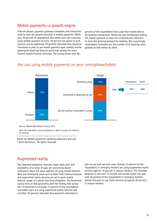 Mobile payments—a growth engine
Telecom players, payment gateway companies and enterprises                   percent of the respondents have used their mobile device
need to note the growth potential in mobile payments. While                  for banking transactions. Banks are also increasingly adding
only 16 percent of smartphone and tablet users are currently                 the mobile platform to their mix of distribution channels
using mobile payment services, 74 percent are aware of such                  to meet the growing demand for mobility. Not surprisingly,
services and an additional 39 percent indicated they would be                marketplace estimates put the number of m-banking users
interested or plan to use mobile payment apps. Indeed, mobile                globally at 500 million by 2010.
banking (m-banking) features quite high among the more
favored mobile Internet activities. The survey shows that 46



Are you using mobile payments on your smartphone/tablet

                     Awareness                                                          Usage

                                                                      Currently using    16%                        Smartphone    Tablet


                                                                                                       55%              54%        58%
            Aware         74%
                                                      Interested or planning to use      39%




                                                Do not use/not interested in using       45%
         Unaware          26%



  Source: Mobile Web Watch Survey, 2012
  Base: All respondents using smartphone or tablet to access the Internet
  (n=10,815)

Figure 4a. Mobile payments—growing awareness and use.
© 2012 Accenture. All rights reserved.




Augmented reality
The improved navigation features, lower data costs and                       plan to use such services soon. Overall, 23 percent of the
availability of a range of apps are convincing digital                       respondents in emerging markets are using augmented reality
consumers about the value addition of using mobile Internet.                 services against 14 percent in mature markets. The intended
New and developing areas such as Near Field Communications                   adoption in the next 12 months will further widen this gap,
and augmented reality services are set to push mobile                        with 26 percent of the respondents in emerging markets
Internet usage to a whole new level altogether. The Accenture                saying they plan to use these services as against 20 percent
survey hints at that possibility with the finding that across                in mature markets.
the 13 countries it surveyed, 17 percent of the smartphone
and tablet users are using augmented reality services and
a further 50 percent indicated they would be interested or




                                                                                                                                            21
 