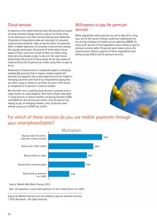 Cloud services                                                       Willingness to pay for premium
A majority of the mobile Internet users (59 percent) are aware       services
of cloud and data storage services and are currently using
                                                                     While augmented reality services are yet to take off in a big
or are planning to use these services (56 percent). Moreover,
                                                                     way, one of the survey findings could have implications for
78 percent of respondents who are interested in consumer
                                                                     the pricing strategies of mobile service operators (MSO). As
cloud services would be ready to pay for these. As expected,
                                                                     many as 87 percent of the respondents were willing to pay for
there is higher awareness of consumer cloud services among
                                                                     premium services while 78 percent were ready to do so for
the younger generation: 66 percent of those below 30 are
                                                                     cloud services. Nearly a quarter of these respondents were
aware of them, and close to half of them are either using
                                                                     willing to pay US$10–20 for premium services.
these services already or plan to do so in the near future.
Surprisingly, 50 percent of those above 50 are also aware of
cloud services and 23 percent are either using them or plan to
do so.
Awareness of cloud services is marginally higher in emerging
markets (64 percent) than in mature market markets (57
percent); the adoption rate is also expected to be far higher in
emerging countries with half of our respondents saying they
are either using or intend to use these services in the future,
as compared to 33 percent in mature markets.	
But the high cost in availing cloud services is proving to be a
major barrier to cloud adoption. Over half of those interested
in cloud services in mature markets would pay between US$5
and US$10 for the services per month, with 22 percent not
willing to pay. In emerging markets, only 16 percent were
willing to pay up to US$10 per month.



For which of these services do you use mobile payments through
your smartphone/tablet?
                                                      Multiselect
             Buying tickets for events
                                                                                               55%
            (concerts, cinema, theater)


             Buying train, flight tickets                                              46%


               Buying clothes or shoes                                           39%


          Buying other consumer goods                                           37%


               Buying food or groceries                        22%
                             (n=1,682)


 Source: Mobile Web Watch Survey, 2012
 Base: All respondents using mobile payments on their mobile device (n=1,682)

Figure 4b. Mobile Internet users are willing to pay for premium services.
© 2012 Accenture. All rights reserved.




22
 