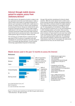 Internet through mobile devices
poised to outpace access from
stationary devices?
The mobile Internet, the popularity of which is evident in the    the age of 50 used their smartphones for Internet-related
buzz generated around every new mobile phone or tablet, is        activities.. While the overall upward trend is evident across
close to being a mass market. An average of 69 percent of         all the countries that were surveyed, the emerging markets of
Internet users connected to the Web with a mobile device in       Brazil, South Africa and Russia showed the highest adoption
the past 12 months. Of these, 61 percent used smartphones         of smartphones (above 70 percent on average) for Internet
for accessing the Internet. Among non mobile Internet users,      use. The rising popularity of smartphones in Brazil, South
46 percent expressed interested in buying a Web-enabled           Africa and Russia for Internet use is in line with developments
mobile device in the future. This as an increasing number of      in other emerging markets such as India. These countries,
innovative touchscreen models with great image resolution,        with a dearth of fixed lines, have been witnessing a mobile
faster Internet access and attractive built-in social media and   phone revolution of hyper growth for some years now, fuelled
mobile payment apps are hitting the market every day.             in part, by declining costs—both of devices and subscription
                                                                  rates—and a growing wealthy middle class. The widespread
The increasing use of mobile Internet is relevant across all
                                                                  lack of personal computers, relatively more expensive than
age groups. Of the 61 percent of respondents who used
                                                                  mobile phones, meant that for many people, the mobile phone
smartphones for accessing the Internet, more than 70 percent
                                                                  would be the first entry into the Internet world.
were in the younger age group (between 14 and 39 years).
Interestingly, approximately 45 percent of those above




Mobile devices used in the past 12 months to access the Internet
Multiselect
                                                                                      • Mobile Internet usage is now a
                                                       69% of respondents               mass market with 69% of
Smartphone                                       61%
                                                                                        users having got
                                                       have used mobile
                                                                                        connected to the Internet through
Netbook                                    37%         devices to access the            a mobile device in the past 12
                                                       Web in the last 12               months
Tablet                              22%                months
                                                                                      • Smartphones are the most
                                                                                        popular mobile access method
                                                                  94% of                to the Internet with 61% of respondents
Computer/Laptop                                           92%     respondents           using smartphones
                                                                  have used             versus 37% for netbooks and
                                                                  stationary            22% for tablets
TV                                         38%                    devices to
                                                                                      • Age is a diﬀerentiating factor
                                                                  access the
                                                                                         with 82% of those aged 14-29
Gaming console                           29%                      Web in the            accessing the Internet on a
                                                                  last 12               mobile device versus only 45%
                                                                  months                for people above 50


Source: Mobile Web Watch Survey, 2012
Base: All respondents
(n=17,225; Excluded Don´t know answer)



Figure 1a. Internet users connecting to the Web through mobile devices.
© 2012 Accenture. All rights reserved.




                                                                                                                                  7
 
