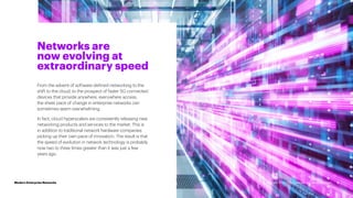 From the advent of software-defined networking to the
shift to the cloud, to the prospect of faster 5G connected
devices that provide anywhere, everywhere access,
the sheer pace of change in enterprise networks can
sometimes seem overwhelming.
In fact, cloud hyperscalers are consistently releasing new
networking products and services to the market. This is
in addition to traditional network hardware companies
picking up their own pace of innovation. The result is that
the speed of evolution in network technology is probably
now two to three times greater than it was just a few
years ago.
Networks are
now evolving at
extraordinary speed
2
Modern Enterprise Networks Copyright © 2022 Accenture. All rights reserved.
 