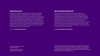 About Accenture
Accenture is a global professional services company with leading
capabilities in digital, cloud and security. Combining unmatched
experience and specialized skills across more than 40 industries, we
offer Strategy and Consulting, Interactive, Technology and Operations
services—all powered by the world’s largest network of Advanced
Technology and Intelligent Operations centers. Our 699,000 people
deliver on the promise of technology and human ingenuity every day,
serving clients in more than 120 countries. We embrace the power of
change to create value and shared success for our clients, people,
shareholders, partners and communities.
Visit us at www.accenture.com
Copyright © 2022 Accenture.
All rights reserved.
Accenture and its logo are
trademarks of Accenture.
About Accenture Research
Accenture Research shapes trends and creates data-driven
insights about the most pressing issues global organizations face.
Combining the power of innovative research techniques with a deep
understanding of our clients’ industries, our team of 300 researchers
and analysts spans 20 countries and publishes hundreds of reports,
articles and points of view every year. Our thought-provoking
research—supported by proprietary data and partnerships with leading
organizations, such as MIT and Harvard—guides our innovations and
allows us to transform theories and fresh ideas into real-world solutions
for our clients. For more information,
visit www.accenture.com/research
This document makes descriptive reference to trademarks that may be
owned by others. The use of such trademarks herein is not an assertion
of ownership of such trademarks by Accenture and is not intended to
represent or imply the existence of an association between Accenture and
the lawful owners of such trademarks.
 