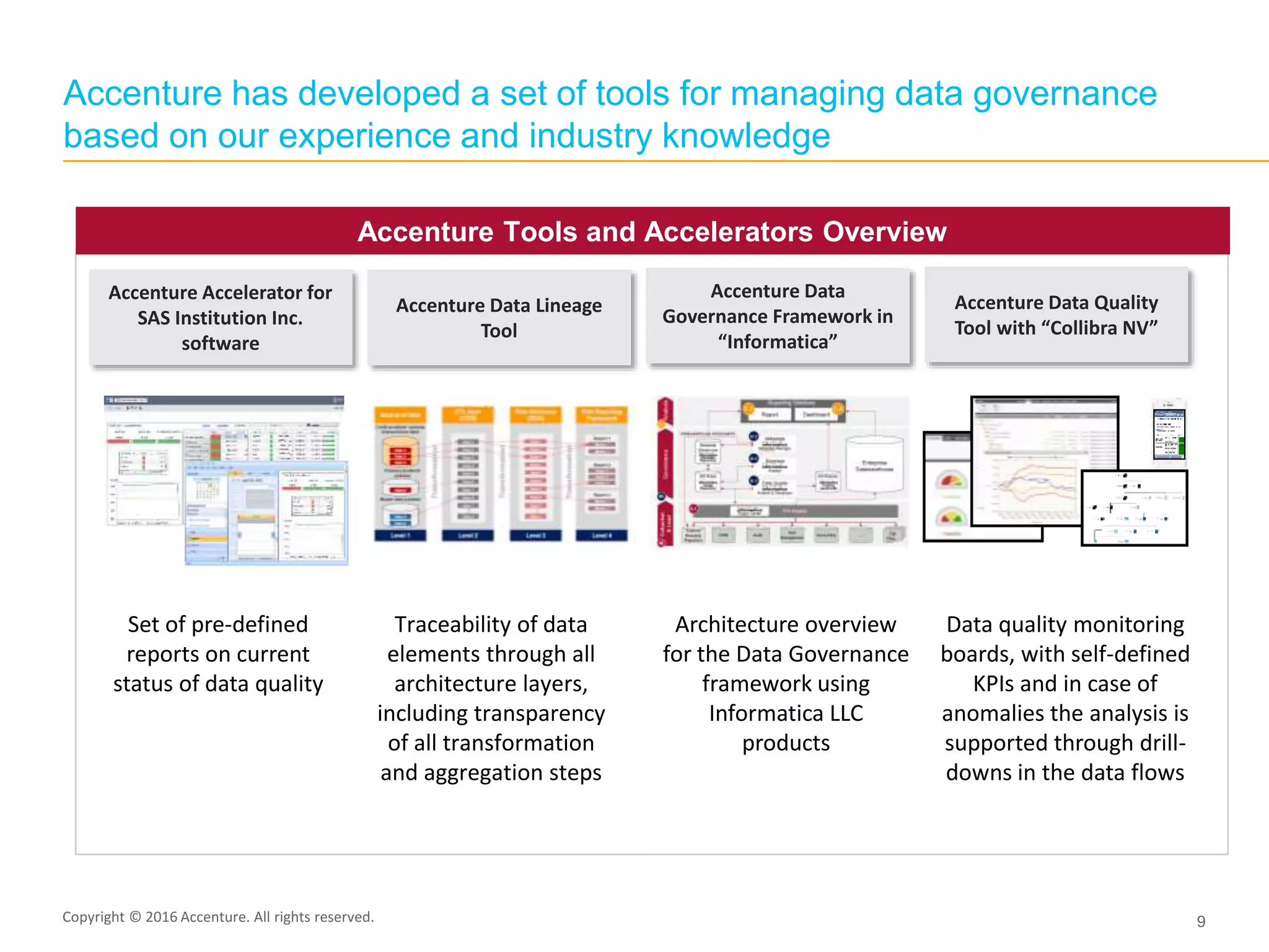 Copyright © 2015 Accenture All rights reserved. 9
Accenture Data Quality
Tool with “Collibra NV”
Accenture has developed a set of tools for managing data governance
based on our experience and industry knowledge
Set of pre-defined
reports on current
status of data quality
Traceability of data
elements through all
architecture layers,
including transparency
of all transformation
and aggregation steps
Architecture overview
for the Data Governance
framework using
Informatica LLC
products
Data quality monitoring
boards, with self-defined
KPIs and in case of
anomalies the analysis is
supported through drill-
downs in the data flows
Accenture Tools and Accelerators Overview
Accenture Data
Governance Framework in
“Informatica”
Accenture Data Lineage
Tool
Accenture Accelerator for
SAS Institution Inc.
software
Copyright © 2016 Accenture. All rights reserved.
 
